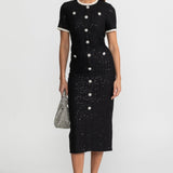 Kristal Düğmeli ve Dantel Detaylı Payetli Midi Elbise – Siyah