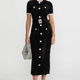 Kristal Düğmeli ve Dantel Detaylı Şık Midi Elbise – Siyah
