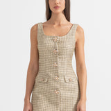 Altın Dekoratif Düğmeli Desenli Mini Elbise