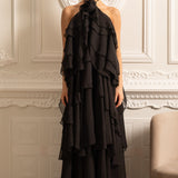 Dekoratif Yaka Çiçekli Kat Kat Fırfırlı Halter Elbise