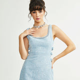 "Manon Charm" Açık Mavi Işıltılı Tweed Mini Elbise