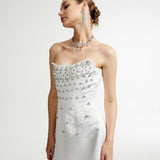 Radiance Elegance Beyaz Taş İşlemeli Straplez Mini Elbise