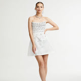 Radiance Elegance Beyaz Taş İşlemeli Straplez Mini Elbise