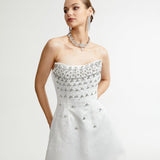 Radiance Elegance Beyaz Taş İşlemeli Straplez Mini Elbise