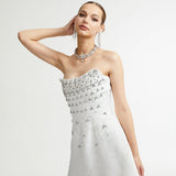 Radiance Elegance Beyaz Taş İşlemeli Straplez Mini Elbise