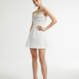 Radiance Elegance Beyaz Taş İşlemeli Straplez Mini Elbise