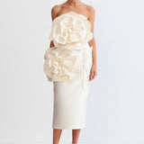 3D Hacimli Çiçek Tasarımlı Midi Elbise