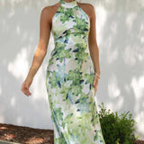 Gill Baskılı Halter Yaka Sırtı Açık Saten Midi Elbise