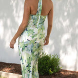 Gill Baskılı Halter Yaka Sırtı Açık Saten Midi Elbise