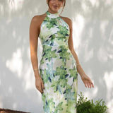 Gill Baskılı Halter Yaka Sırtı Açık Saten Midi Elbise