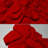 Büyük Kumaş Çiçek Desenli Omuzları Açık Midi Elbise