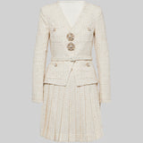 Uzun Kollu Üst ve Eşleşen Pileli Mini Etekli Dokulu Ortak Takım - Ivoire