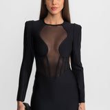 Şeffaf Korse Gövdeli ve Yapılandırılmış Omuzlu Maxi Elbise – Siyah