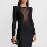 Şeffaf Korse Gövdeli ve Yapılandırılmış Omuzlu Maxi Elbise – Siyah