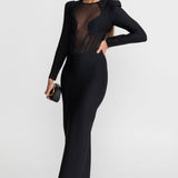 Şeffaf Korse Gövdeli ve Yapılandırılmış Omuzlu Maxi Elbise – Siyah