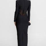 Şeffaf Korse Gövdeli ve Yapılandırılmış Omuzlu Maxi Elbise – Siyah