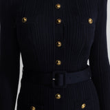 Altın Düğme Detaylı, Fitilli Triko Midi Elbise – Lacivert