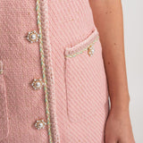 İnci Düğmeli Kısa Kollu Tweed Mini Elbise – Pudra Pembe