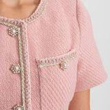 İnci Düğmeli Kısa Kollu Tweed Mini Elbise – Pudra Pembe