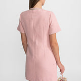 İnci Düğmeli Kısa Kollu Tweed Mini Elbise – Pudra Pembe