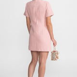 İnci Düğmeli Kısa Kollu Tweed Mini Elbise – Pudra Pembe