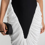 Zıt Renkli Büzgü Panelli Halter Yaka Maxi Elbise