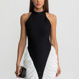 Zıt Renkli Büzgü Panelli Halter Yaka Maxi Elbise