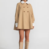 Nakış Detaylı Yakalı A Form Mini Trençkot Elbise – Camel