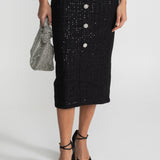 Kristal Düğmeli ve Dantel Detaylı Payetli Midi Elbise – Siyah