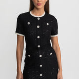 Kristal Düğmeli ve Dantel Detaylı Payetli Midi Elbise – Siyah