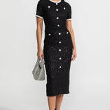Kristal Düğmeli ve Dantel Detaylı Payetli Midi Elbise – Siyah