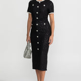 Kristal Düğmeli ve Dantel Detaylı Payetli Midi Elbise – Siyah
