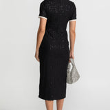 Kristal Düğmeli ve Dantel Detaylı Payetli Midi Elbise – Siyah