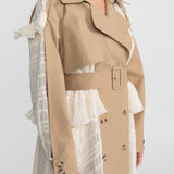 Bej Dantelli Panelli Kemerli Uzun Trençkot