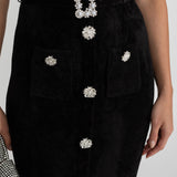 Kristal Düğmeli ve Dantel Detaylı Şık Midi Elbise – Siyah