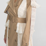 Bej Dantelli Panelli Kemerli Uzun Trençkot