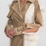 Bej Dantelli Panelli Kemerli Uzun Trençkot