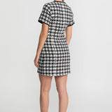 Kadife Fiyonk Detaylı, Ekose Desenli Tweed Mini Elbise – Siyah & Beyaz