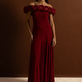 Örgü Detaylı Dekolteli  Maxi Elbise – Koyu Kırmızı