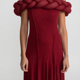 Örgü Detaylı Dekolteli  Maxi Elbise – Koyu Kırmızı