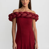 Örgü Detaylı Dekolteli  Maxi Elbise – Koyu Kırmızı