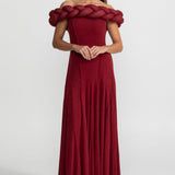 Örgü Detaylı Dekolteli  Maxi Elbise – Koyu Kırmızı