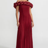 Örgü Detaylı Dekolteli  Maxi Elbise – Koyu Kırmızı