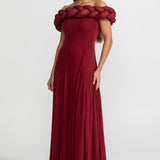 Örgü Detaylı Dekolteli  Maxi Elbise – Koyu Kırmızı