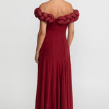 Örgü Detaylı Dekolteli  Maxi Elbise – Koyu Kırmızı