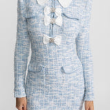 Kontrast Yaka ve Fiyonk Süslemeli Tweed Mini Elbise – Açık Mavi
