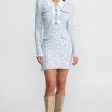 Kontrast Yaka ve Fiyonk Süslemeli Tweed Mini Elbise – Açık Mavi