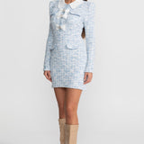 Kontrast Yaka ve Fiyonk Süslemeli Tweed Mini Elbise – Açık Mavi