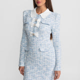 Kontrast Yaka ve Fiyonk Süslemeli Tweed Mini Elbise – Açık Mavi