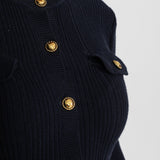 Altın Düğme Detaylı, Fitilli Triko Midi Elbise – Lacivert